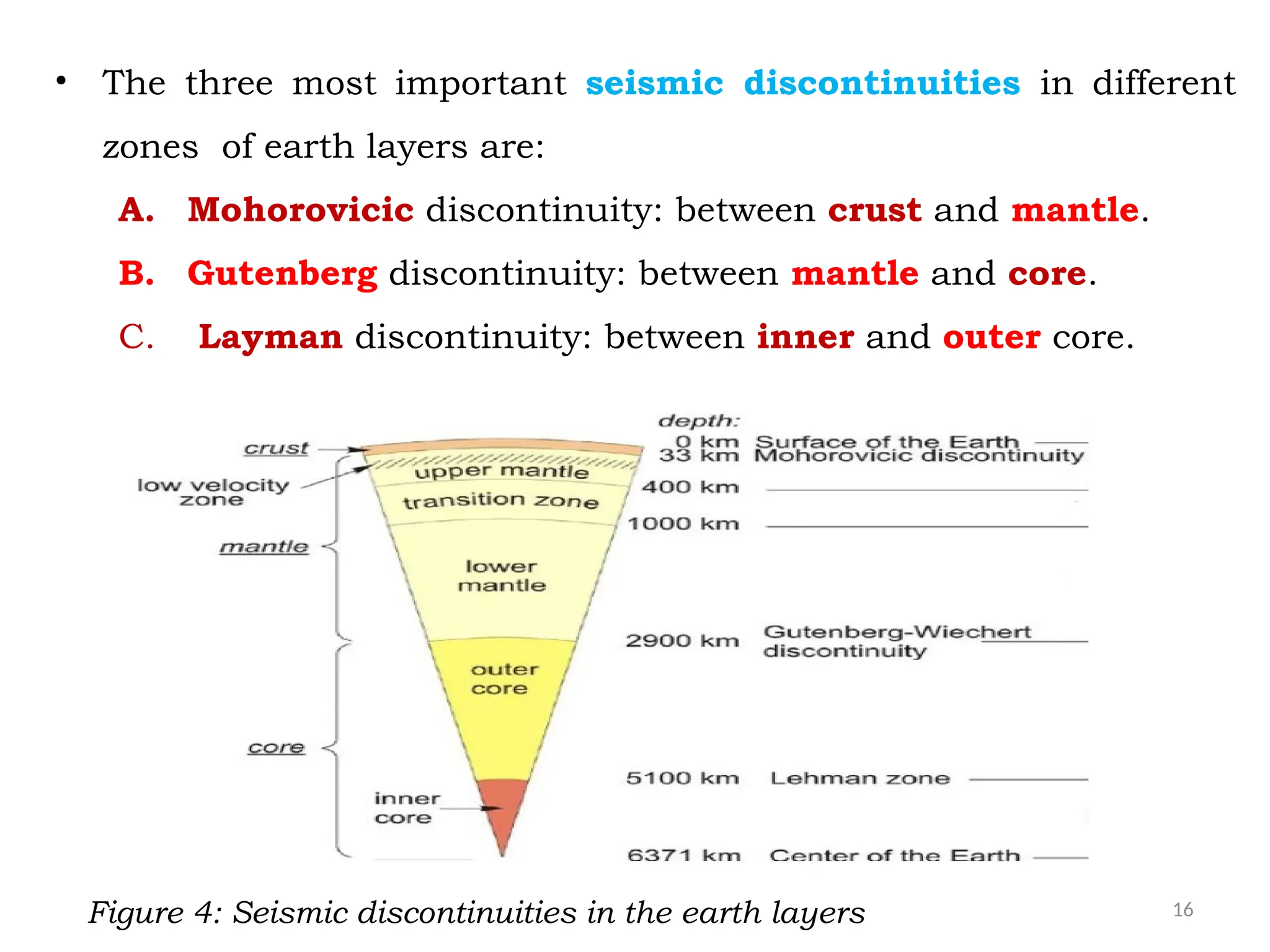 16
• The three most important seismic discontinuities in different
zones of earth layers are:
A. Mohorovicic discontinuity: between crust and mantle.
B. Gutenberg discontinuity: between mantle and core.
C. Layman discontinuity: between inner and outer core.
Figure 4: Seismic discontinuities in the earth layers
 