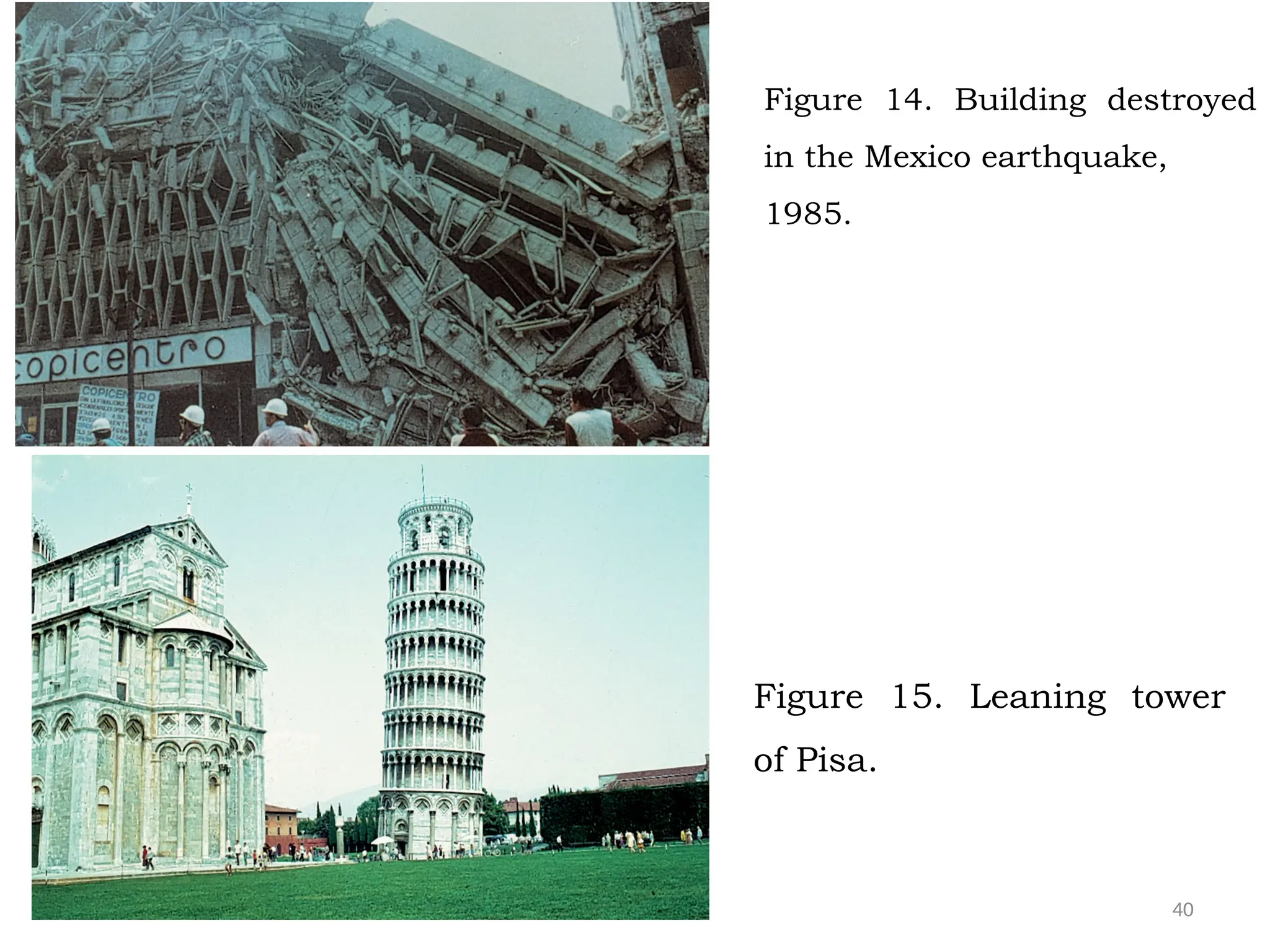 40
Figure 14. Building destroyed
in the Mexico earthquake,
1985.
Figure 15. Leaning tower
of Pisa.
 