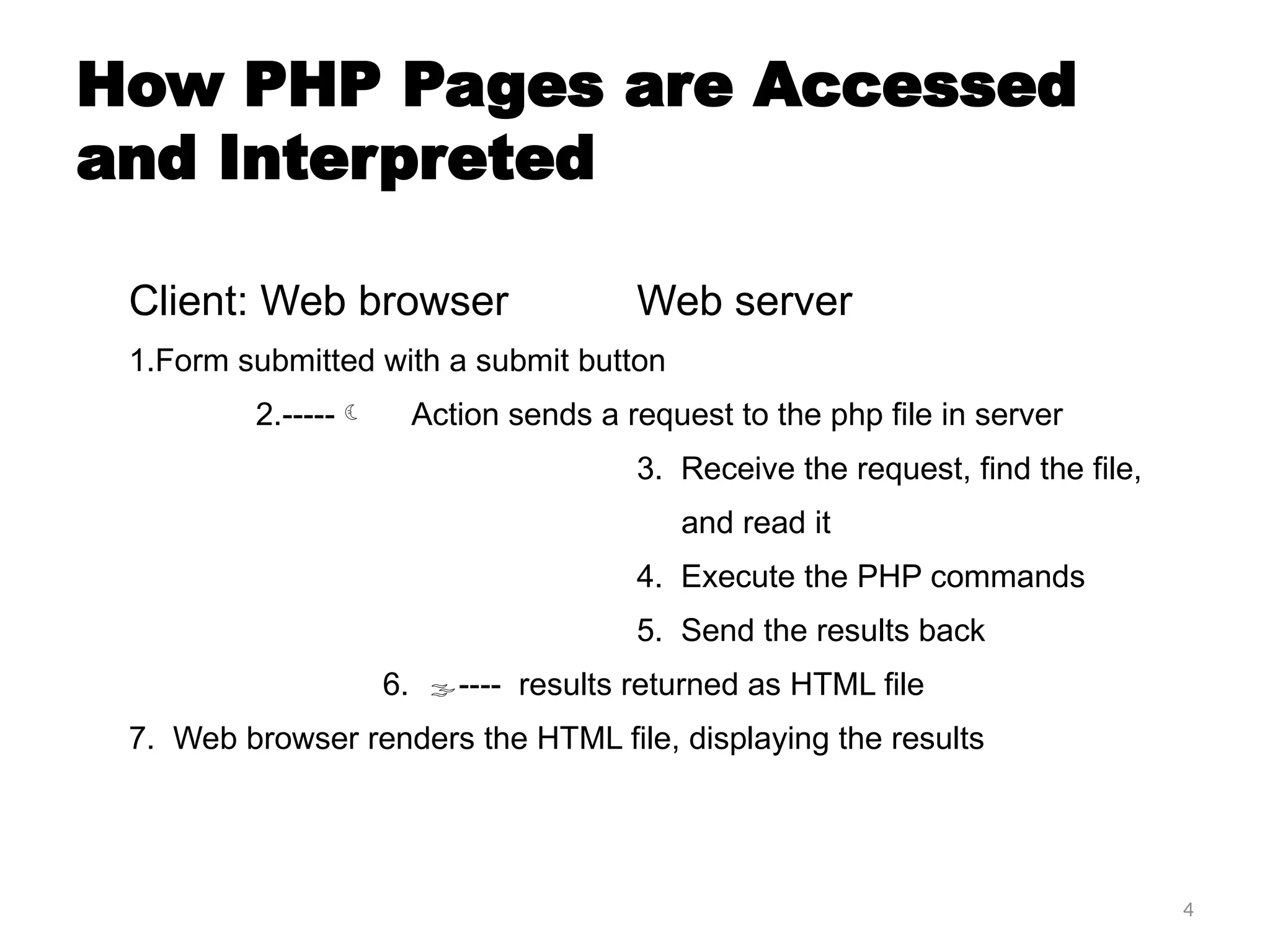 4
How PHP Pages are Accessed
and Interpreted
Client: Web browser Web server
1.Form submitted with a submit button
2.----- Action sends a request to the php file in server
3. Receive the request, find the file,
and read it
4. Execute the PHP commands
5. Send the results back
6. ---- results returned as HTML file
7. Web browser renders the HTML file, displaying the results
 