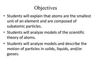 Objectives
• Students will explain that atoms are the smallest
unit of an element and are composed of
subatomic particles.
• Students will analyze models of the scientific
theory of atoms.
• Students will analyze models and describe the
motion of particles in solids, liquids, and/or
gasses.
 