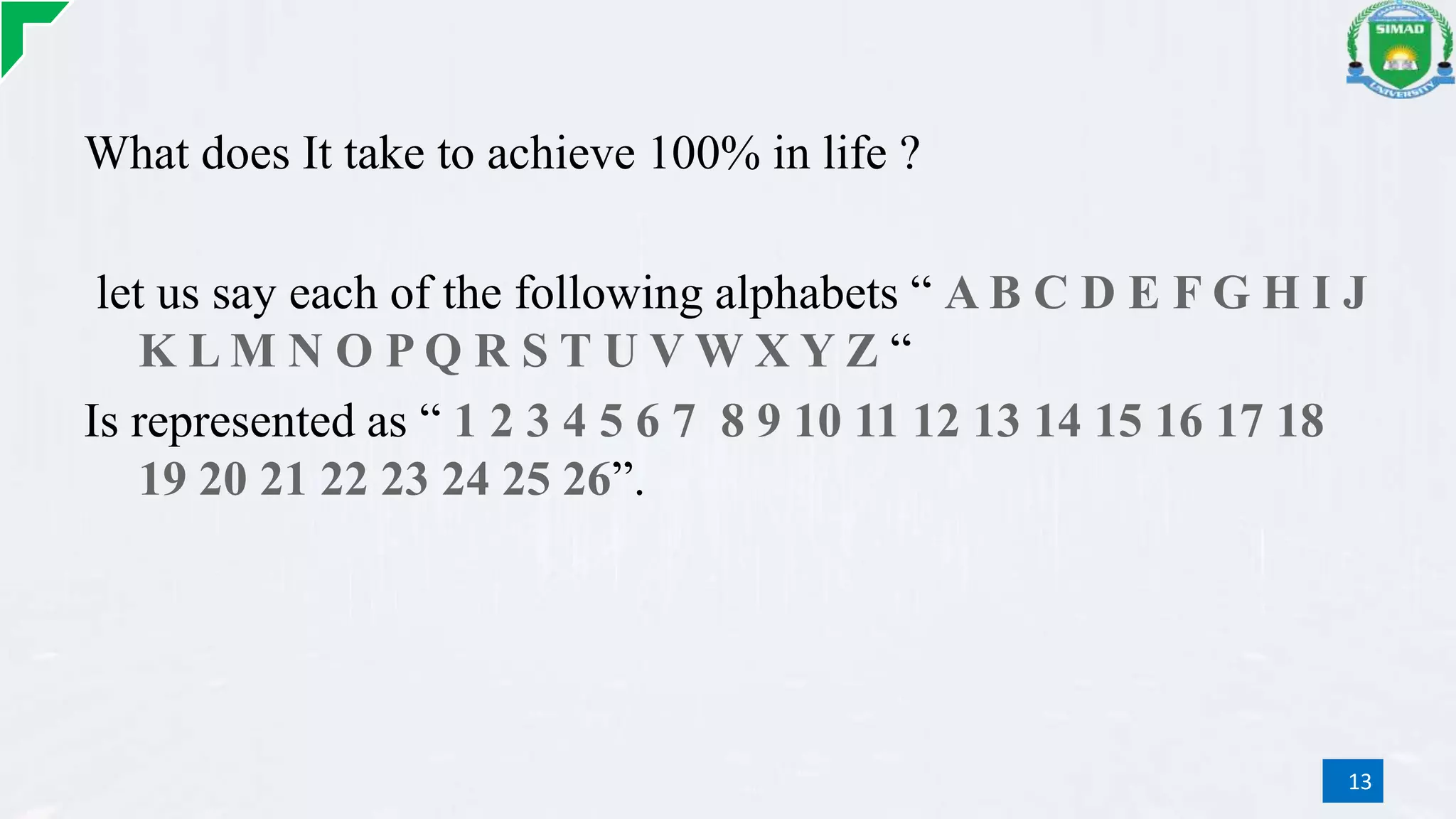 What does It take to achieve 100% in life ?
let us say each of the following alphabets “ A B C D E F G H I J
K L M N O P Q R S T U V W X Y Z “
Is represented as “ 1 2 3 4 5 6 7 8 9 10 11 12 13 14 15 16 17 18
19 20 21 22 23 24 25 26”.
13
 