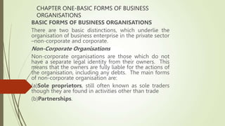 CHAPTER ONE-BASIC FORMS OF BUSINESS
ORGANISATIONS
BASIC FORMS OF BUSINESS ORGANISATIONS
There are two basic distinctions, which underlie the
organisation of business enterprise in the private sector
–non-corporate and corporate.
Non-Corporate Organisations
Non-corporate organisations are those which do not
have a separate legal identity from their owners. This
means that the owners are fully liable for the actions of
the organisation, including any debts. The main forms
of non-corporate organisation are:
(a)Sole proprietors, still often known as sole traders
though they are found in activities other than trade
(b)Partnerships.
 