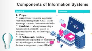 Components of Information Systems
1. People:
 Users: Employees using a customer
relationship management (CRM) system
to manage customer interactions and sales.
 Stakeholders: Managers accessing a
business intelligence (BI) system to
analyze sales data and make strategic
decisions.
 IT Professionals: Database
administrators responsible for maintaining
and optimizing the performance of a
database management system (DBMS).
Contents A Contents B
 