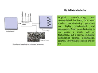 Original manufacturing was
accomplished by hand, but most
modern manufacturing operations
are highly mechanized and
automated. Today manufacturing is
no longer a single skill or
technology, but a science including
engineering science, organization
science, information science and so
on.
Digital Manufacturing
 