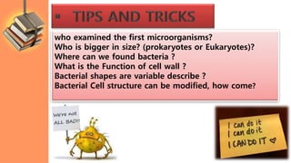 who examined the first microorganisms?
Who is bigger in size? (prokaryotes or Eukaryotes)?
Where can we found bacteria ?
What is the Function of cell wall ?
Bacterial shapes are variable describe ?
Bacterial Cell structure can be modified, how come?
 