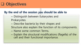 – Distinguish between Eukaryotes and
Prokaryotes.
– Describe bacteria by their shapes and
Structure also explain the function of its components.
– Name some common Terms.
– Explain the structural modifications (flagella) of the
cell and their functional importance.
By the end of the session you should be able to
 
