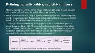 Defining morality, ethics, and ethical theory
 Morality is concerned with the norms, values, and beliefs embedded in social processes
which define right and wrong for an individual or a community.
 Ethics is concerned with the study of morality and the application of reason to explicate
specific rules and principles that determine morally acceptable courses of action. Ethical
theories are the codifications of these rules and principles.
 According to this way of thinking, morality precedes ethics, which in turn precedes
ethical theory (see Figure 1.2). All individuals and communities have morality, a basic
sense of right or wrong in relation to particular activities. Ethics represents an attempt to
systematize and rationalize morality, typically into generalized normative rules that
supposedly offer a solution to situations of moral uncertainty.
 