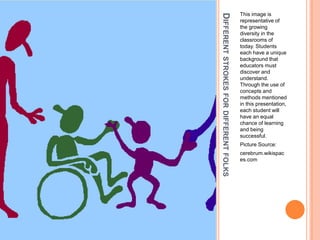 Different strokes for different folksThis image is representative of the growing diversity in the classrooms of today. Students each have a unique background that educators must discover and understand. Through the use of concepts and methods mentioned in this presentation, each student will have an equal chance of learning and being successful. Picture Source:cerebrum.wikispaces.com
