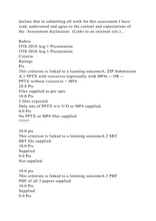 declare that in submitting all work for this assessment I have
read, understood and agree to the content and expectations of
the Assessment declaration (Links to an external site.). .
Rubric
ITIS 2010 Asg 1 Presentation
ITIS 2010 Asg 1 Presentation
Criteria
Ratings
Pts
This criterion is linked to a learning outcomeA. ZIP Submission
A.1 PPTX with voiceover (optionally with MP4) -- OR --
PPTX without voiceover + MP4
20.0 Pts
Files supplied as per spec
10.0 Pts
2 files expected
Only one of PPTX w/o V/O or MP4 supplied,
0.0 Pts
No PPTX or MP4 files supplied
?????
20.0 pts
This criterion is linked to a learning outcomeA.2 SRT
SRT file supplied
10.0 Pts
Supplied
0.0 Pts
Not supplied
10.0 pts
This criterion is linked to a learning outcomeA.3 PDF
PDF of all 3 papers supplied
10.0 Pts
Supplied
0.0 Pts
 