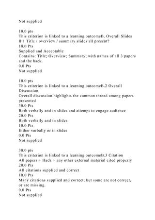 Not supplied
10.0 pts
This criterion is linked to a learning outcomeB. Overall Slides
B.1 Title / overview / summary slides all present?
10.0 Pts
Supplied and Acceptable
Contains: Title; Overview; Summary; with names of all 3 papers
and the hack.
0.0 Pts
Not supplied
10.0 pts
This criterion is linked to a learning outcomeB.2 Overall
Discussion
Overall discussion highlights the common thread among papers
presented
30.0 Pts
Both verbally and in slides and attempt to engage audience
20.0 Pts
Both verbally and in slides
10.0 Pts
Either verbally or in slides
0.0 Pts
Not supplied
30.0 pts
This criterion is linked to a learning outcomeB.3 Citation
All papers + Hack + any other external material cited properly
20.0 Pts
All citations supplied and correct
10.0 Pts
Many citations supplied and correct, but some are not correct,
or are missing.
0.0 Pts
Not supplied
 