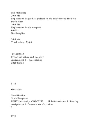 and relevance
20.0 Pts
Explanation is good. Significance and relevance to theme is
made clear
10.0 Pts
Explanation is not adequate
0.0 Pts
Not Supplied
20.0 pts
Total points: 250.0
COSC2737
IT Infrastructure and Security
Assignment 1 – Presentation
2020 Sem 1
ITIS
Overview
Specification
Slide Template
RMIT University, COSC2737 IT Infrastructure & Security
Assignment 1: Presentation Overview
2
ITIS
 