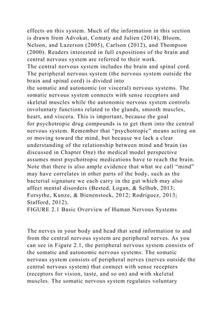 effects on this system. Much of the information in this section
is drawn from Advokat, Comaty and Julien (2014), Bloom,
Nelson, and Lazerson (2005), Carlson (2012), and Thompson
(2000). Readers interested in full expositions of the brain and
central nervous system are referred to their work.
The central nervous system includes the brain and spinal cord.
The peripheral nervous system (the nervous system outside the
brain and spinal cord) is divided into
the somatic and autonomic (or visceral) nervous systems. The
somatic nervous system connects with sense receptors and
skeletal muscles while the autonomic nervous system controls
involuntary functions related to the glands, smooth muscles,
heart, and viscera. This is important, because the goal
for psychotropic drug compounds is to get them into the central
nervous system. Remember that “psychotropic” means acting on
or moving toward the mind, but because we lack a clear
understanding of the relationship between mind and brain (as
discussed in Chapter One) the medical model perspective
assumes most psychotropic medications have to reach the brain.
Note that there is also ample evidence that what we call “mind”
may have correlates in other parts of the body, such as the
bacterial signature we each carry in the gut which may also
affect mental disorders (Bested, Logan, & Selhub, 2013;
Forsythe, Kunze, & Bienenstock, 2012; Rodriguez, 2013;
Stafford, 2012).
FIGURE 2.1 Basic Overview of Human Nervous Systems
The nerves in your body and head that send information to and
from the central nervous system are peripheral nerves. As you
can see in Figure 2.1, the peripheral nervous system consists of
the somatic and autonomic nervous systems. The somatic
nervous system consists of peripheral nerves (nerves outside the
central nervous system) that connect with sense receptors
(receptors for vision, taste, and so on) and with skeletal
muscles. The somatic nervous system regulates voluntary
 
