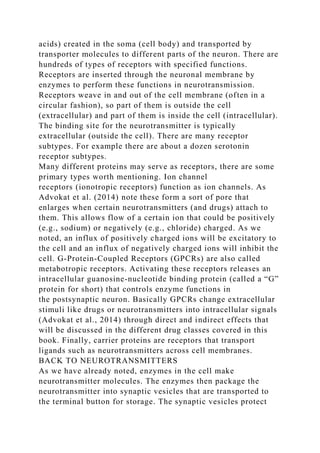 acids) created in the soma (cell body) and transported by
transporter molecules to different parts of the neuron. There are
hundreds of types of receptors with specified functions.
Receptors are inserted through the neuronal membrane by
enzymes to perform these functions in neurotransmission.
Receptors weave in and out of the cell membrane (often in a
circular fashion), so part of them is outside the cell
(extracellular) and part of them is inside the cell (intracellular).
The binding site for the neurotransmitter is typically
extracellular (outside the cell). There are many receptor
subtypes. For example there are about a dozen serotonin
receptor subtypes.
Many different proteins may serve as receptors, there are some
primary types worth mentioning. Ion channel
receptors (ionotropic receptors) function as ion channels. As
Advokat et al. (2014) note these form a sort of pore that
enlarges when certain neurotransmitters (and drugs) attach to
them. This allows flow of a certain ion that could be positively
(e.g., sodium) or negatively (e.g., chloride) charged. As we
noted, an influx of positively charged ions will be excitatory to
the cell and an influx of negatively charged ions will inhibit the
cell. G-Protein-Coupled Receptors (GPCRs) are also called
metabotropic receptors. Activating these receptors releases an
intracellular guanosine-nucleotide binding protein (called a “G”
protein for short) that controls enzyme functions in
the postsynaptic neuron. Basically GPCRs change extracellular
stimuli like drugs or neurotransmitters into intracellular signals
(Advokat et al., 2014) through direct and indirect effects that
will be discussed in the different drug classes covered in this
book. Finally, carrier proteins are receptors that transport
ligands such as neurotransmitters across cell membranes.
BACK TO NEUROTRANSMITTERS
As we have already noted, enzymes in the cell make
neurotransmitter molecules. The enzymes then package the
neurotransmitter into synaptic vesicles that are transported to
the terminal button for storage. The synaptic vesicles protect
 