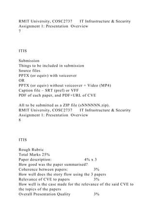 RMIT University, COSC2737 IT Infrastructure & Security
Assignment 1: Presentation Overview
7
ITIS
Submission
Things to be included in submission
Source files
PPTX (or equiv) with voiceover
OR
PPTX (or equiv) without voiceover + Video (MP4)
Caption file – SRT (pref) or VFF
PDF of each paper, and PDF+URL of CVE
All to be submitted as a ZIP file (sNNNNNN.zip).
RMIT University, COSC2737 IT Infrastructure & Security
Assignment 1: Presentation Overview
8
ITIS
Rough Rubric
Total Marks 25%
Paper description: 4% x 3
How good was the paper summarised?
Coherence between papers: 3%
How well does the story flow using the 3 papers
Relevance of CVE to papers 3%
How well is the case made for the relevance of the said CVE to
the topics of the papers
Overall Presentation Quality 3%
 