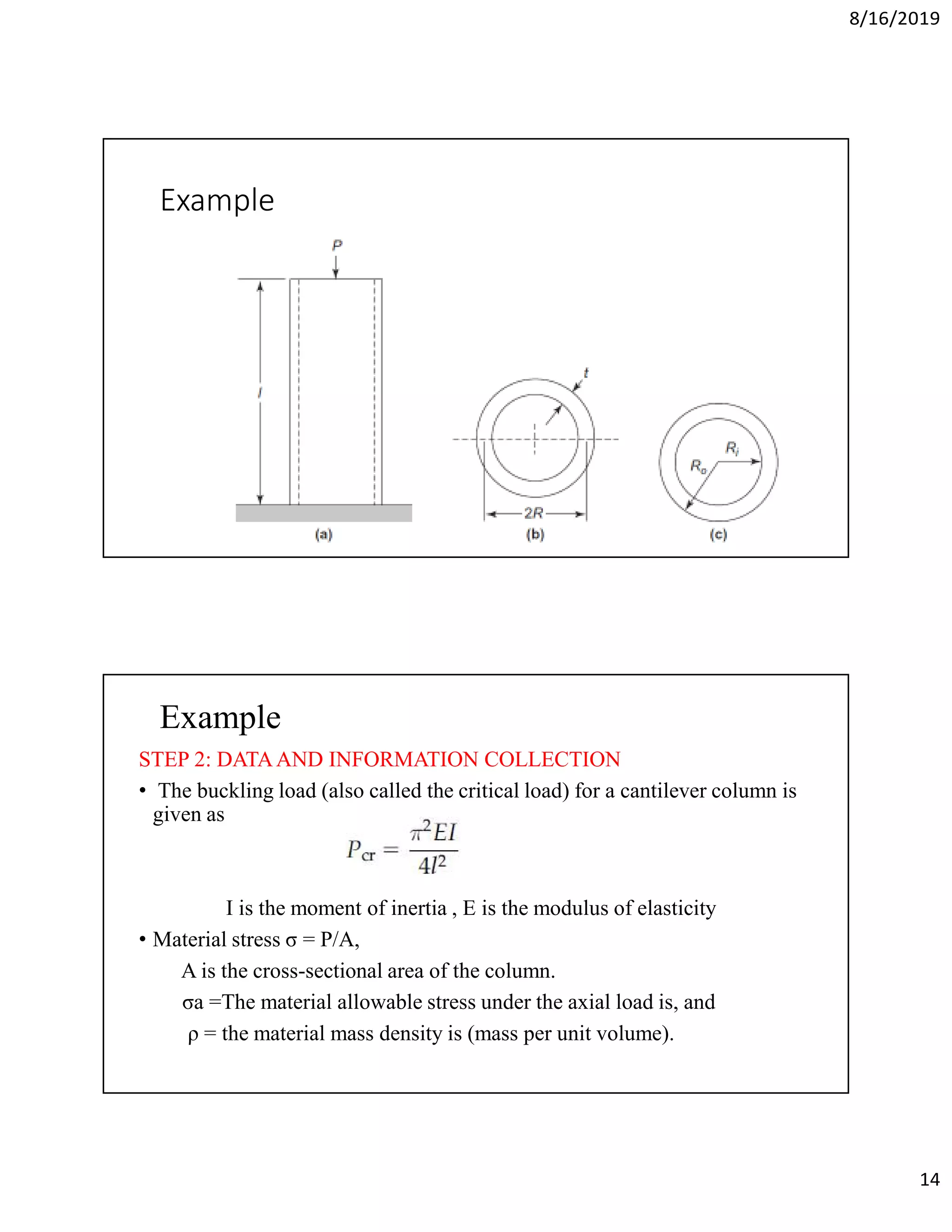 8/16/2019
14
Example
Example
STEP 2: DATAAND INFORMATION COLLECTION
• The buckling load (also called the critical load) for a cantilever column is
given as
I is the moment of inertia , E is the modulus of elasticity
• Material stress σ = P/A,
A is the cross-sectional area of the column.
σa =The material allowable stress under the axial load is, and
ρ = the material mass density is (mass per unit volume).
 