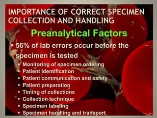 IMPORTANCE OF CORRECT SPECIMEN
COLLECTION AND HANDLING
Preanalytical Factors
 56% of lab errors occur before the
specimen is tested
 Monitoring of specimen ordering
 Patient identification
 Patient communication and safety
 Patient preparation
 Timing of collections
 Collection technique
 Specimen labeling
 Specimen handling and transport
 