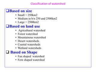 Classification of watershed
Based on size
• Small < 250km2
• Medium in b/n 250 and 2500km2
• Large > 2500km2
Based on land use
• Agricultural watershed
• Forest watershed
• Mountainous watershed
• Desert watersheds
• Coastal watersheds
• Wetland watersheds
 Based on Shape
• Fan shaped watershed
• Fern shaped watershed
 