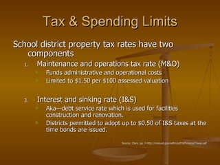 Tax & Spending Limits School district property tax rates have two components Maintenance and operations tax rate (M&O) Funds administrative and operational costs Limited to $1.50 per $100 assessed valuation Interest and sinking rate (I&S) Aka—debt service rate which is used for facilities construction and renovation. Districts permitted to adopt up to $0.50 of I&S taxes at the time bonds are issued. Source: Clark, pg. 3 http://nces.ed.gov/edfin/pdf/StFinance/Texas.pdf 