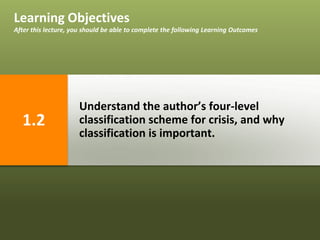 Understand the author’s four-level
classification scheme for crisis, and why
classification is important.
Learning Objectives
After this lecture, you should be able to complete the following Learning Outcomes
1.2
 