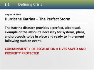 6
1.1 Defining Crisis
Hurricane Katrina – The Perfect Storm
August 29, 2005
The Katrina disaster provides a perfect, albeit sad,
example of the absolute necessity for systems, plans,
and protocols to be in place and ready to implement
following such an event.
CONTAINMENT + DE-ESCALATION = LIVES SAVED AND
PROPERTY PROTECTED
 