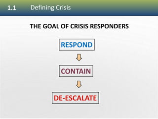 9
1.1 Defining Crisis
THE GOAL OF CRISIS RESPONDERS
RESPOND
CONTAIN
DE-ESCALATE
 