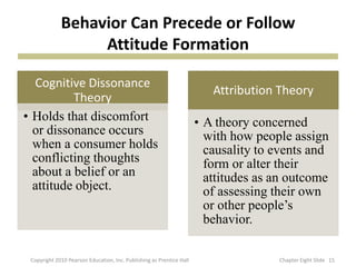Behavior Can Precede or Follow
Attitude Formation
Cognitive Dissonance
Theory
• Holds that discomfort
or dissonance occurs
when a consumer holds
conflicting thoughts
about a belief or an
attitude object.
Attribution Theory
• A theory concerned
with how people assign
causality to events and
form or alter their
attitudes as an outcome
of assessing their own
or other people’s
behavior.
15Copyright 2010 Pearson Education, Inc. Publishing as Prentice Hall Chapter Eight ݺߣ
 