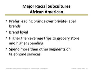 Major Racial Subcultures
African American
• Prefer leading brands over private-label
brands
• Brand loyal
• Higher than average trips to grocery store
and higher spending
• Spend more then other segments on
telephone services
10Copyright 2010 Pearson Education, Inc. Publishing as Prentice Hall Chapter Twelve Slide
 