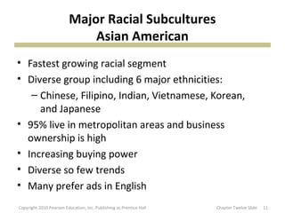 Major Racial Subcultures
Asian American
• Fastest growing racial segment
• Diverse group including 6 major ethnicities:
– Chinese, Filipino, Indian, Vietnamese, Korean,
and Japanese
• 95% live in metropolitan areas and business
ownership is high
• Increasing buying power
• Diverse so few trends
• Many prefer ads in English
11Copyright 2010 Pearson Education, Inc. Publishing as Prentice Hall Chapter Twelve Slide
 