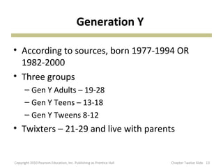 Generation Y
• According to sources, born 1977-1994 OR
1982-2000
• Three groups
– Gen Y Adults – 19-28
– Gen Y Teens – 13-18
– Gen Y Tweens 8-12
• Twixters – 21-29 and live with parents
13Copyright 2010 Pearson Education, Inc. Publishing as Prentice Hall Chapter Twelve Slide
 