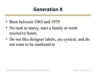 Generation X
• Born between 1965 and 1979
• No rush to marry, start a family or work
excessive hours.
• Do not like designer labels, are cynical, and do
not want to be marketed to
1414Copyright 2010 Pearson Education, Inc. Publishing as Prentice Hall Chapter Twelve Slide
 