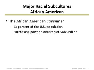 Major Racial Subcultures
African American
• The African American Consumer
– 13 percent of the U.S. population
– Purchasing power estimated at $845 billion
9Copyright 2010 Pearson Education, Inc. Publishing as Prentice Hall Chapter Twelve Slide
 