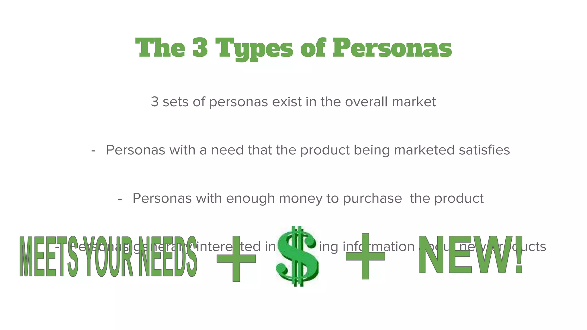 The 3 Types of Personas
3 sets of personas exist in the overall market
- Personas with a need that the product being marketed satisfies
- Personas with enough money to purchase the product
- Personas generally interested in receiving information about new products
 