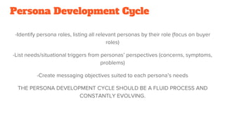 Persona Development Cycle
-Identify persona roles, listing all relevant personas by their role (focus on buyer
roles)
-List needs/situational triggers from personas’ perspectives (concerns, symptoms,
problems)
-Create messaging objectives suited to each persona’s needs
THE PERSONA DEVELOPMENT CYCLE SHOULD BE A FLUID PROCESS AND
CONSTANTLY EVOLVING.
 