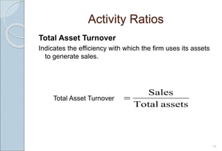 Total Asset Turnover
Indicates the efficiency with which the firm uses its assets
to generate sales.
11
Activity Ratios
assets
Total
Sales

Total Asset Turnover
 