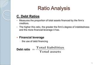 C. Debt Ratios
 Measures the proportion of total assets financed by the firm’s
creditors.
 The higher this ratio, the greater the firm’s degree of indebtedness
and the more financial leverage it has.
 Financial leverage
◦ the use of debt financing
Debt ratio
12
Ratio Analysis
assets
Total
s
liabilitie
Total

 