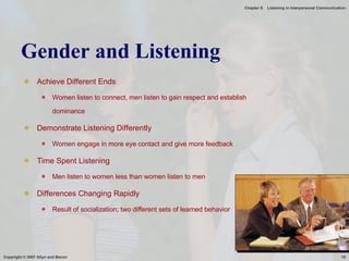 Gender and Listening Achieve Different Ends Women listen to connect, men listen to gain respect and establish dominance Demonstrate Listening Differently Women engage in more eye contact and give more feedback Time Spent Listening Men listen to women less than women listen to men Differences Changing Rapidly Result of socialization; two different sets of learned behavior Microsoft Image 