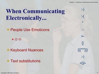 When Communicating Electronically... People Use Emoticons       Keyboard Nuances Text substitutions :-) :-( * :- >- {} {{{***}}} ;-) <G> 