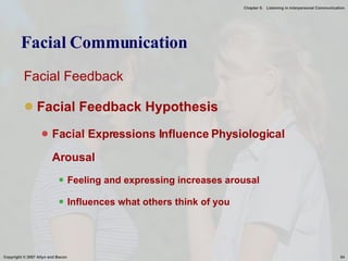 Facial Communication Facial Feedback Facial Feedback Hypothesis Facial Expressions Influence Physiological Arousal Feeling and expressing increases arousal Influences what others think of you 
