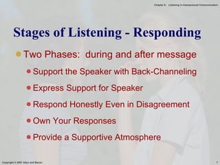 Two Phases:  during and after message Support the Speaker with Back-Channeling Express Support for Speaker Respond Honestly Even in Disagreement Own Your Responses Provide a Supportive Atmosphere Stages of Listening - Responding 
