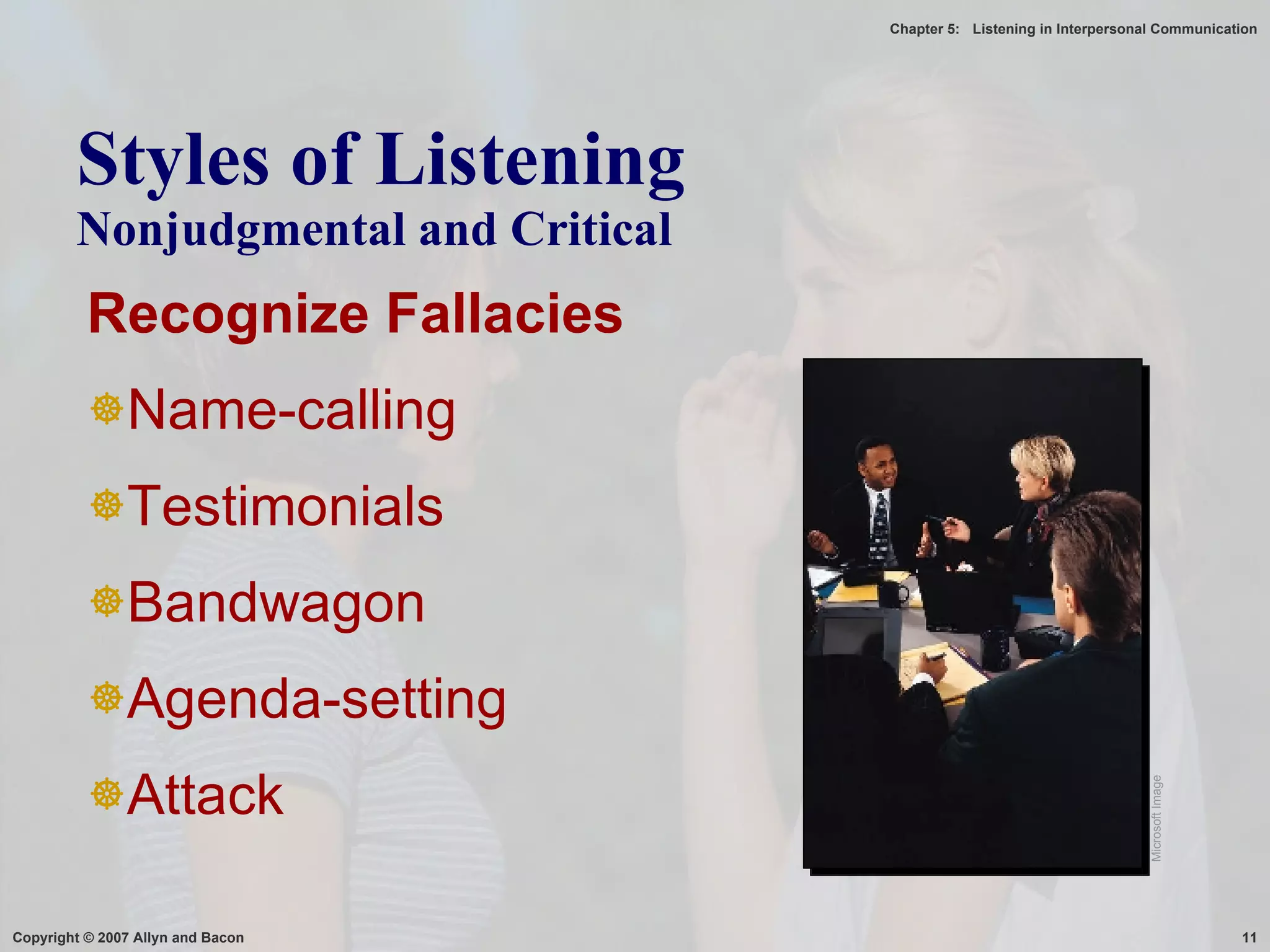 Styles of Listening Nonjudgmental and Critical Recognize Fallacies Name-calling Testimonials Bandwagon Agenda-setting Attack Microsoft Image 