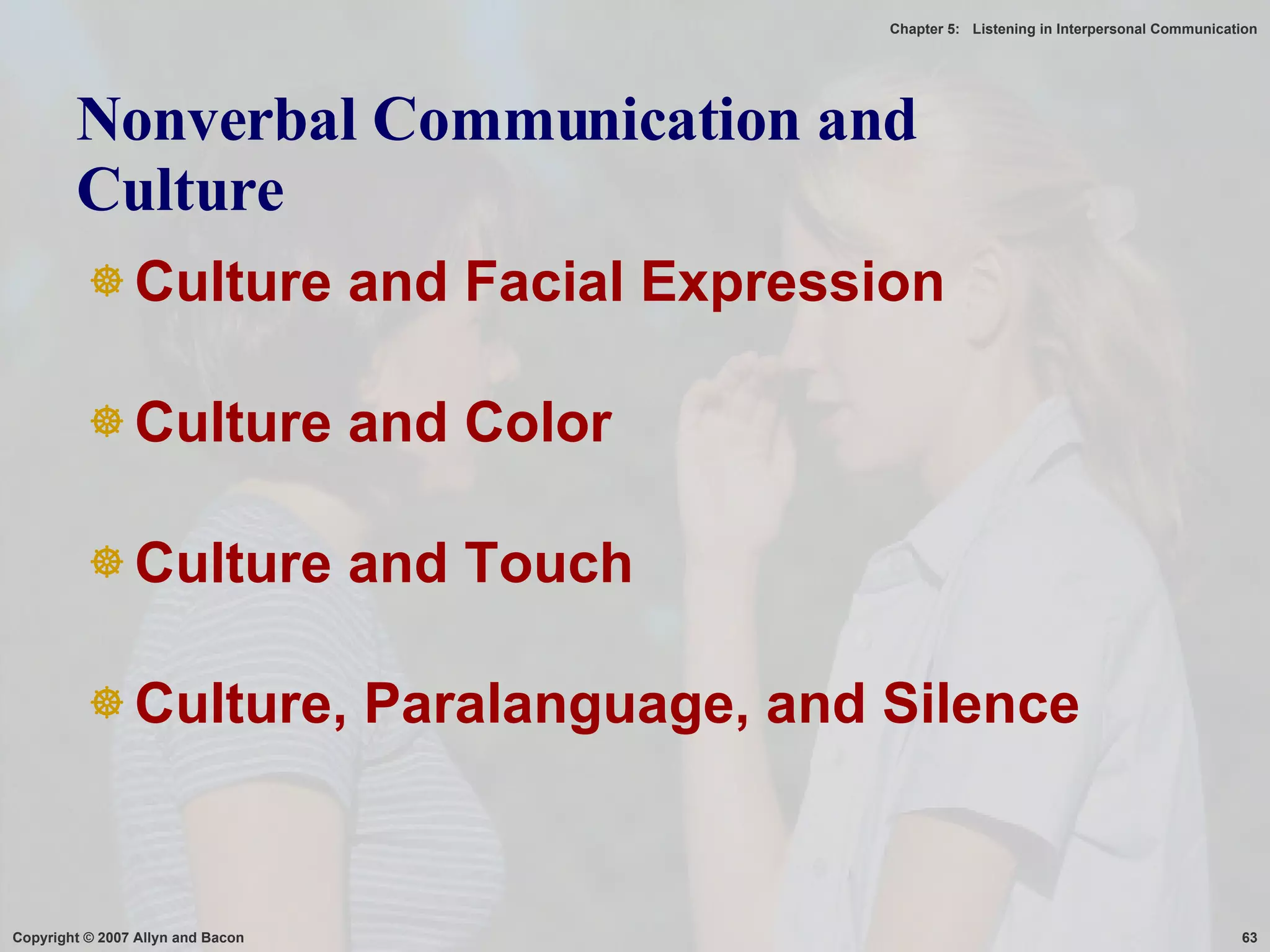 Nonverbal Communication and Culture Culture and Facial Expression Culture and Color Culture and Touch Culture, Paralanguage, and Silence 
