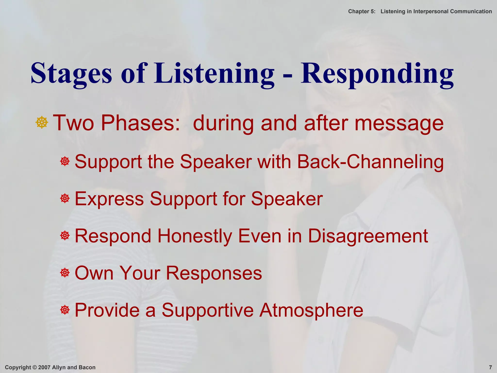 Two Phases:  during and after message Support the Speaker with Back-Channeling Express Support for Speaker Respond Honestly Even in Disagreement Own Your Responses Provide a Supportive Atmosphere Stages of Listening - Responding 