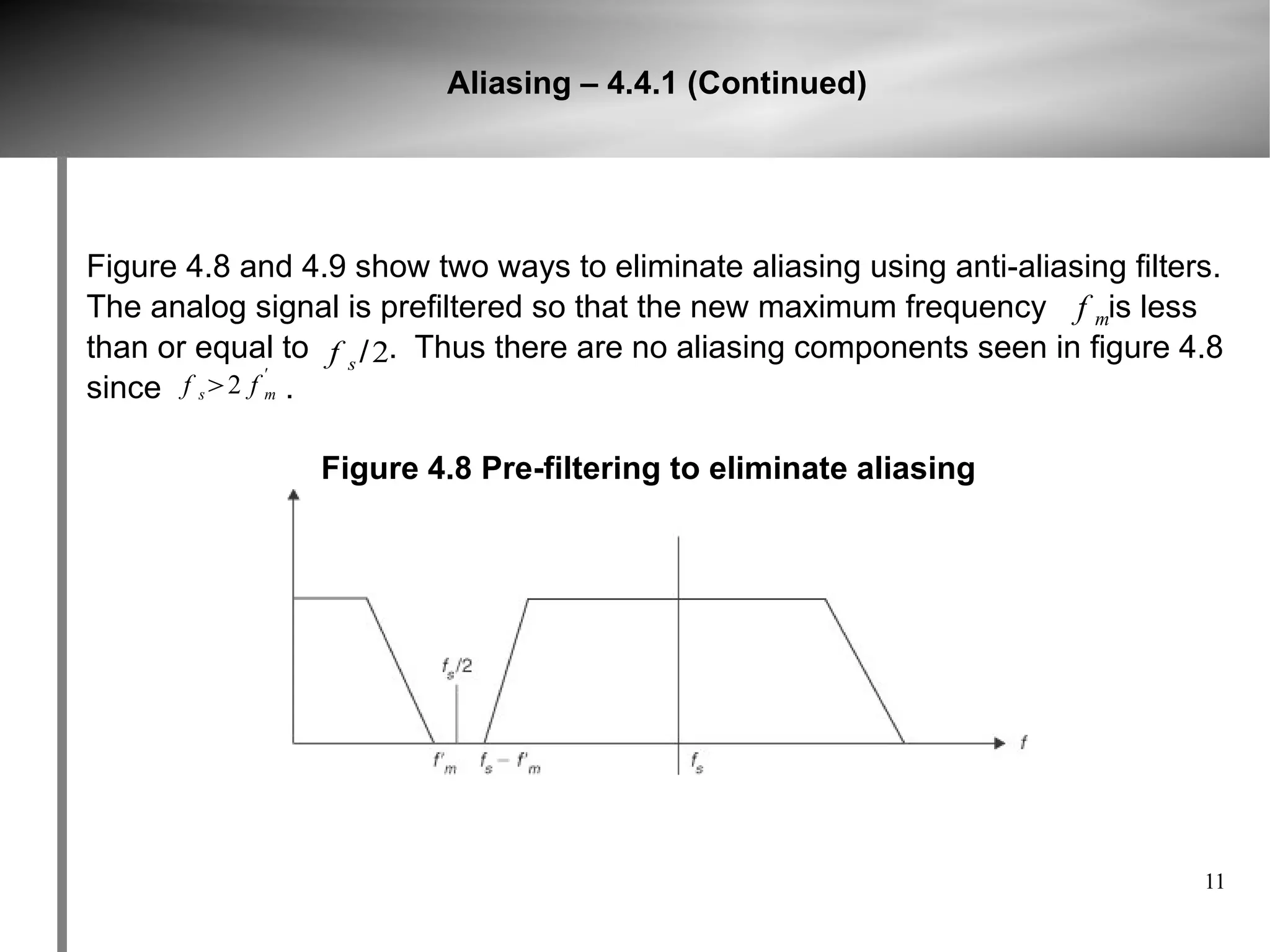 Aliasing – 4.4.1 (Continued)




Figure 4.8 and 4.9 show two ways to eliminate aliasing using anti-aliasing filters.
The analog signal is prefiltered so that the new maximum frequency f mis less
than or equal to f s / 2. Thus there are no aliasing components seen in figure 4.8
              '
since f s2 f m .

                 Figure 4.8 Pre-filtering to eliminate aliasing




                                                                                 11
 
