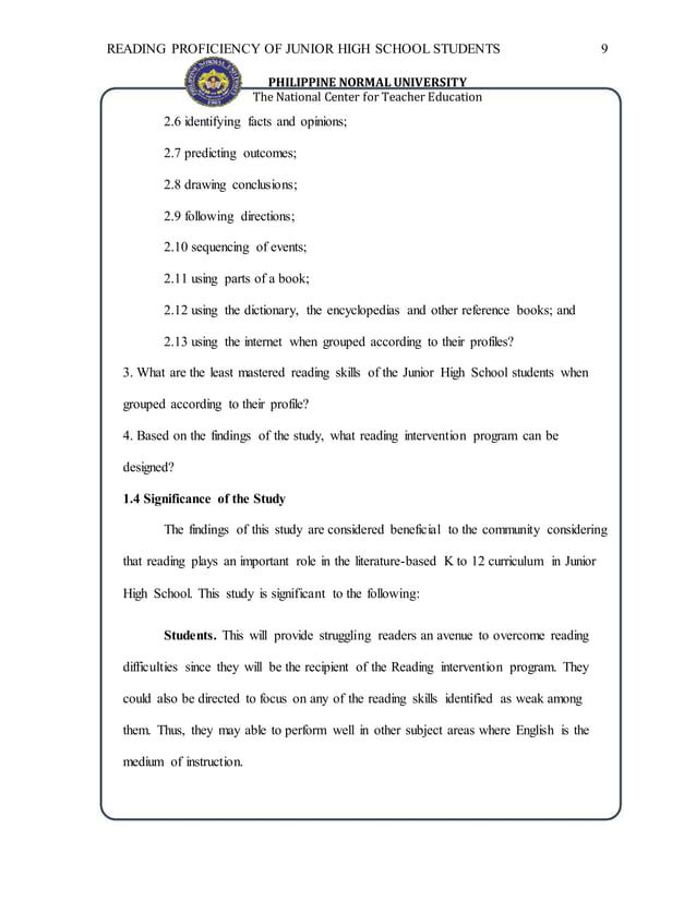 READING PROFICIENCY OF THE JUNIOR HIGH SCHOOL STUDENTS TOWARDS AN