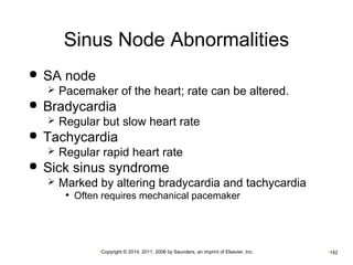 Sinus Node Abnormalities 
•Copyright © 2014, 2011, 2006 by Saunders, an imprint of Elsevier, Inc. •142 
 SA node 
 Pacemaker of the heart; rate can be altered. 
 Bradycardia 
 Regular but slow heart rate 
 Tachycardia 
 Regular rapid heart rate 
 Sick sinus syndrome 
 Marked by altering bradycardia and tachycardia 
• Often requires mechanical pacemaker 
 