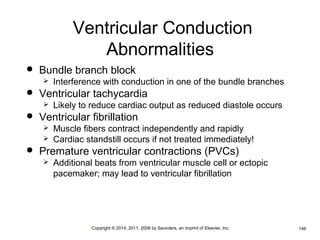 Ventricular Conduction 
Abnormalities 
 Bundle branch block 
 Interference with conduction in one of the bundle branches 
 Ventricular tachycardia 
 Likely to reduce cardiac output as reduced diastole occurs 
 Ventricular fibrillation 
 Muscle fibers contract independently and rapidly 
 Cardiac standstill occurs if not treated immediately! 
 Premature ventricular contractions (PVCs) 
 Additional beats from ventricular muscle cell or ectopic 
pacemaker; may lead to ventricular fibrillation 
•Copyright © 2014, 2011, 2006 by Saunders, an imprint of Elsevier, Inc. •146 
 