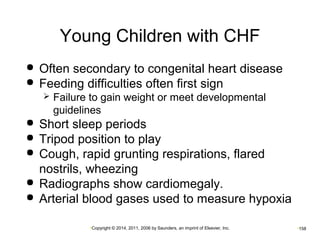 Young Children with CHF 
 Often secondary to congenital heart disease 
 Feeding difficulties often first sign 
 Failure to gain weight or meet developmental 
guidelines 
 Short sleep periods 
 Tripod position to play 
 Cough, rapid grunting respirations, flared 
nostrils, wheezing 
 Radiographs show cardiomegaly. 
 Arterial blood gases used to measure hypoxia 
•Copyright © 2014, 2011, 2006 by Saunders, an imprint of Elsevier, Inc. •158 
 