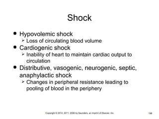 Shock 
 Hypovolemic shock 
 Loss of circulating blood volume 
 Cardiogenic shock 
 Inability of heart to maintain cardiac output to 
circulation 
 Distributive, vasogenic, neurogenic, septic, 
anaphylactic shock 
 Changes in peripheral resistance leading to 
pooling of blood in the periphery 
•Copyright © 2014, 2011, 2006 by Saunders, an imprint of Elsevier, Inc. •198 
 