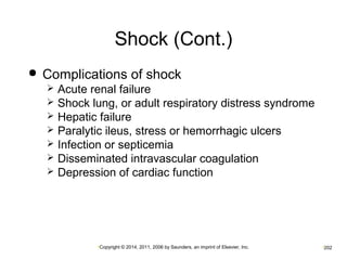 Shock (Cont.) 
 Complications of shock 
 Acute renal failure 
 Shock lung, or adult respiratory distress syndrome 
 Hepatic failure 
 Paralytic ileus, stress or hemorrhagic ulcers 
 Infection or septicemia 
 Disseminated intravascular coagulation 
 Depression of cardiac function 
•Copyright © 2014, 2011, 2006 by Saunders, an imprint of Elsevier, Inc. •202 
 