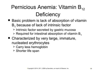 Pernicious Anemia: Vitamin B12 
Deficiency 
 Basic problem is lack of absorption of vitamin 
B12 because of lack of intrinsic factor 
 Intrinsic factor secreted by gastric mucosa 
 Required for intestinal absorption of vitamin B12 
 Characterized by very large, immature, 
nucleated erythrocytes 
 Carry less hemoglobin 
 Shorter life span 
•Copyright © 2014, 2011, 2006 by Saunders, an imprint of Elsevier, Inc. •30 
 